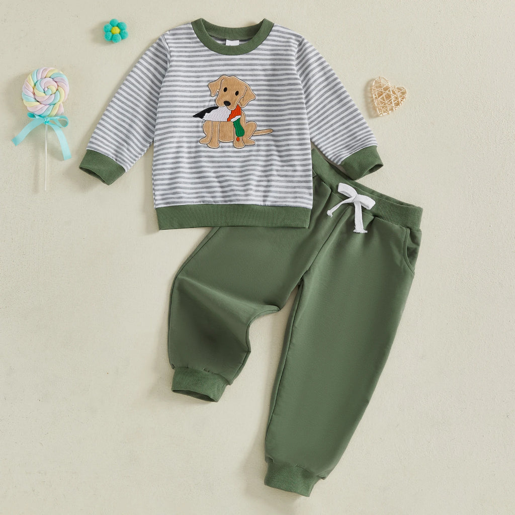 Boys 2-Piece Set Stylish Striped Embroidery Dog Sweatshirt