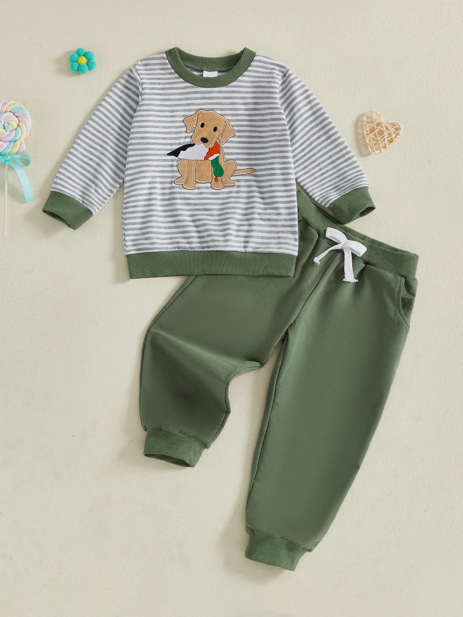 Boys 2-Piece Set Stylish Striped Embroidery Dog Sweatshirt